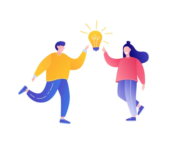 Concept de brainstorming. Homme et femme avec ampoule idée de lumière . — Image vectorielle