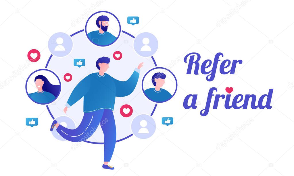 Refer a friend concept. Referral program, referral marketing, referring friends.