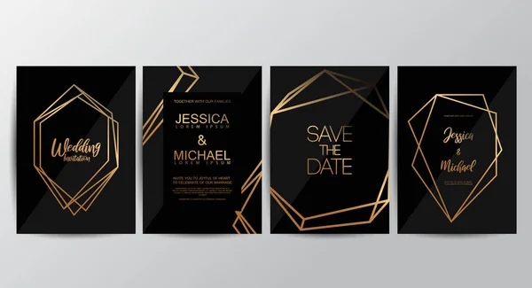Altın geometrik çizgi tasarım vektörlü lüks düğün davetiyeleri