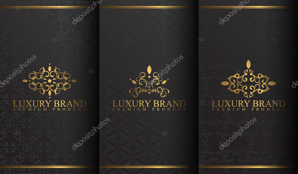 Set of packaging templates with design element ornament, label, logo. made with golden luxury flower on ornament background