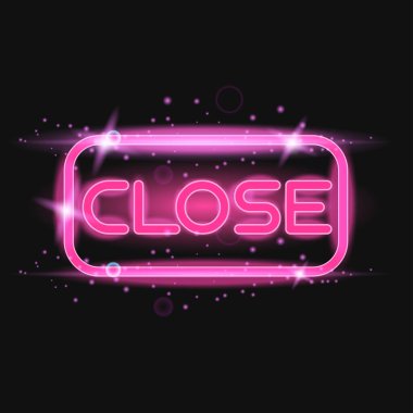 Pembe neon ışığı yanıp sönüyor. Açıl ve imzala. Siyah duvar arkaplan elektrik illüstrasyonuna karşı kapat.