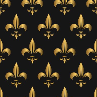 Koyu bir arka planda kusursuz bir zambak deseni. Heraldik sembol. Vektör İllüstrasyonu. Ortaçağ kraliyet zambağı işareti. Zarif dekorasyon sembolü. Tasarım için Heraldik simge