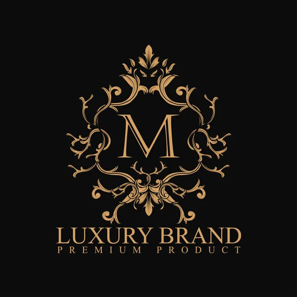 Tasarım elemanı süslemesi, etiketi, logosu olan logo lüksü. Süslü arka planda altın çiçekten yapılmıştır.