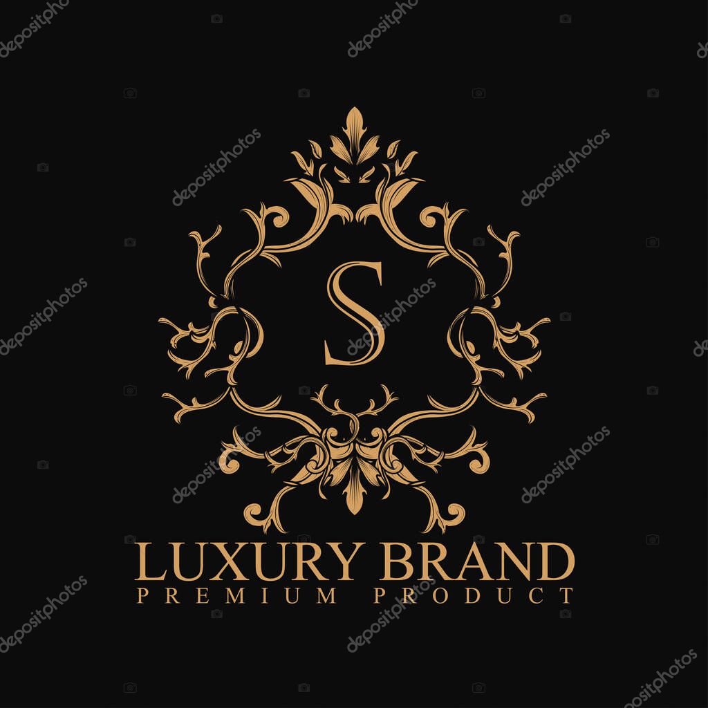 Logo luxury with design element ornament, label, logo. made with golden luxury flower on ornament background