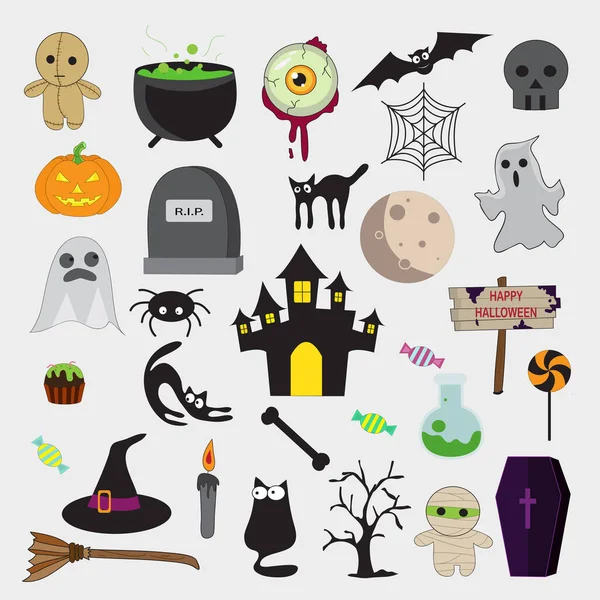 Cadılar Bayramı illüstrasyonları ve simgeleri olan vektör seti, balkabağı, kriko fener, cadı, yarasa, kafatası, hayalet, kara kedi