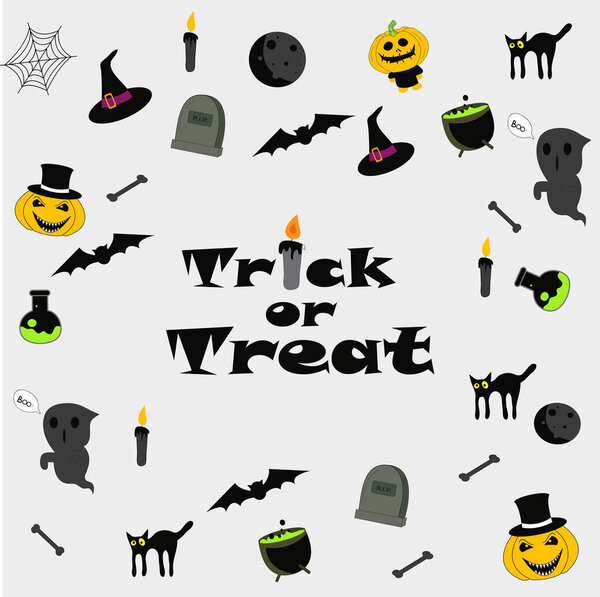 vector set with Halloween illustrations and icons, pumpkin, jack o' lantern, witch, bat, skull, ghost, black cat