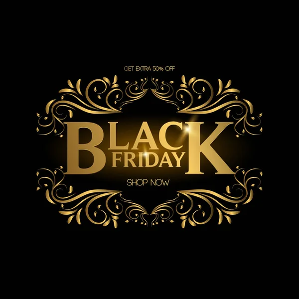 Kara Cuma indirimi, afiş, poster, logo. Lüks altın. Reklam Posteri Tasarımı. İndirim afişleri, etiketler, baskılar, web sunumu. Vektör illüstrasyonu.