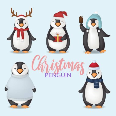 Penguenler karikatür vektör çizimi. Noel pengueni karakterleri