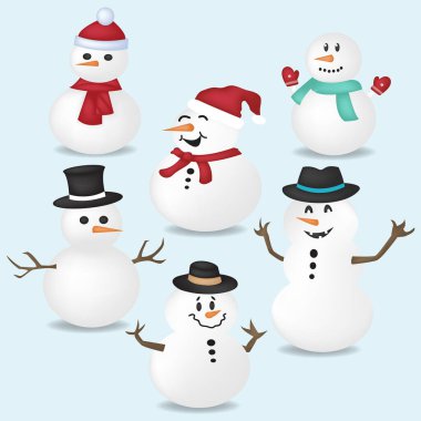 Çizgi film seti Noel çizimleri, mutlu kardan adam karakteri. Noel kartları, afişler, etiketler ve etiketler için.
