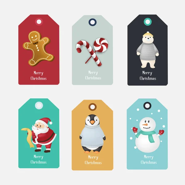 Conjunto Feriado Natal Vetor Tags Com Personagens Desenhos Animados Ilustração —  Vetores de Stock