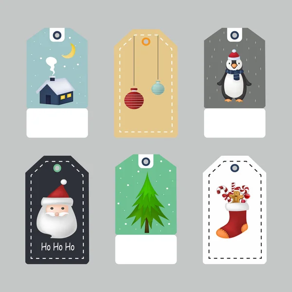 Set Von Weihnachts Vektor Tags Mit Cartoon Figuren Vektorillustration — Stockvektor