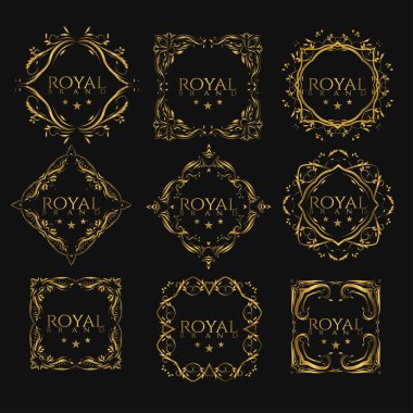 Altın Renkli Lüks Arkaplan. Tasarım elementi süslemesi, etiket, logo şablonları. Süs Arkaplanda Altın Lüks Çiçeklerle Yapıldı