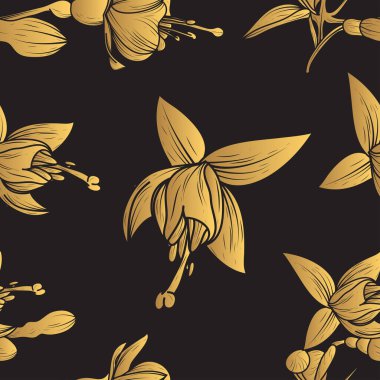 Kusursuz desenli, altın çiçekli zarif siyah desenli. Vektör illüstrasyonu.