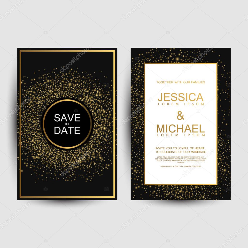 Luxury wedding invitation cards with gold geometric line design vector