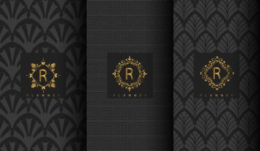 Set of packaging templates with design element ornament, label, logo. made with golden luxury flower on ornament background clipart