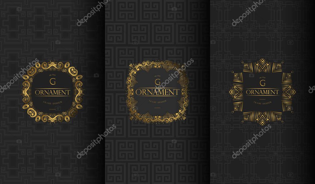 Set of packaging templates with design element ornament, label, logo. made with golden luxury flower on ornament background