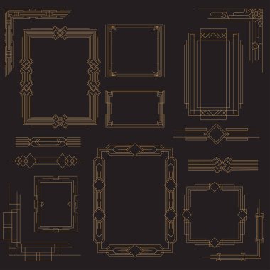Art deco çerçeve şablonları. Siyah arka planda lüks, klasik ve süslemeli çizgi vektörü. - vektör
