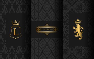 Tasarım Elemanı Süslemesi, Etiketi, Logosu olan Paketleme Şablonları. Süs Arkaplanda Altın Lüks Çiçeklerle Yapıldı