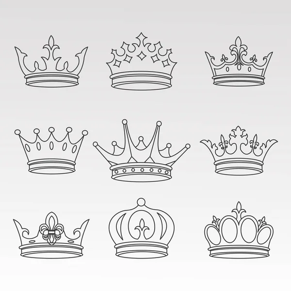 Set Crown Symbol Golden Royal Jewelry Isolated White Background Vector — Stock Vector