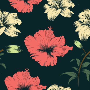 Vektör desenli kusursuz çiçek deseni. Koyu arkaplanda yazdırmak için uygun. - vektör