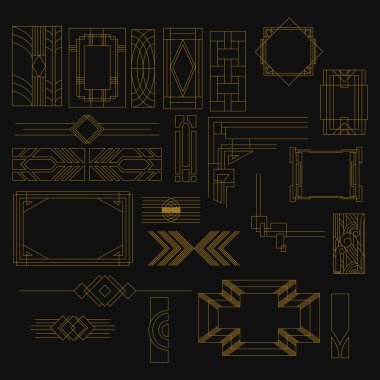 Art Deco Shapes seti. Dekoratif Süs Sınırı Eski Çerçevesi. Düğün Daveti için Zarif Süs, Duvar Kağıdı, Arkaplan.