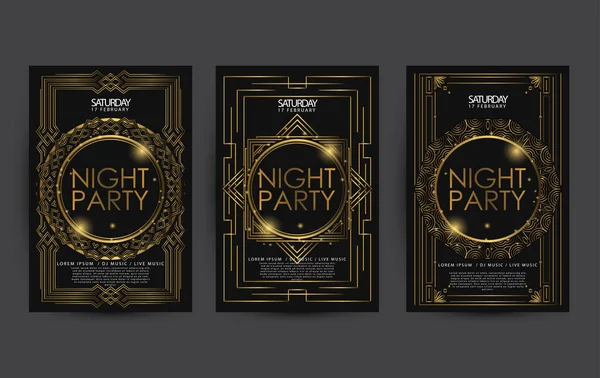 Kulüp parti broşürleri için altın gece kulübü poster şablonu, siyah arka planlı renkli ışıltı