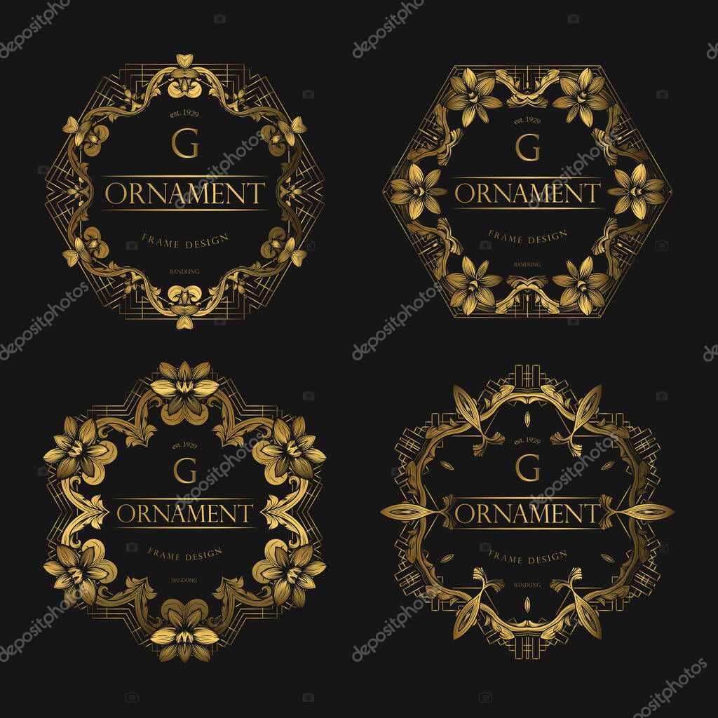 Set Of Golden Frame Luxury. Frame Luxury with Golden Color, Ornament Concept, Luxurious Badges, Gold Label, Retro Concept. Trendy Vintage Royal Ornament Frames Illustration, Good for Hotel Brand.