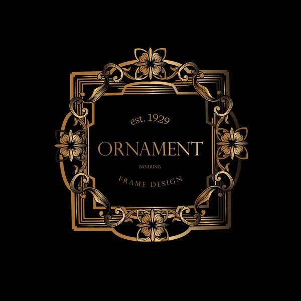 Altın Çerçeve Lüks. Altın Lüks Süslü Dikdörtgen Dekoratif Çerçeve. Etiketler, Bayrak, Çıkartma ve Etiketler için Vektör Süsleme Tesisi Vignette.
