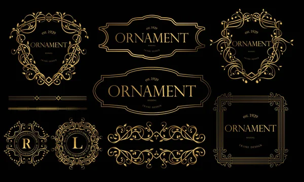 Altın Renkli Lüks Rozetler. Dekoratif Çerçeve Süslü Uygun Moda, Butik, Otel Brand, Etiket ve Banner. - Vektör