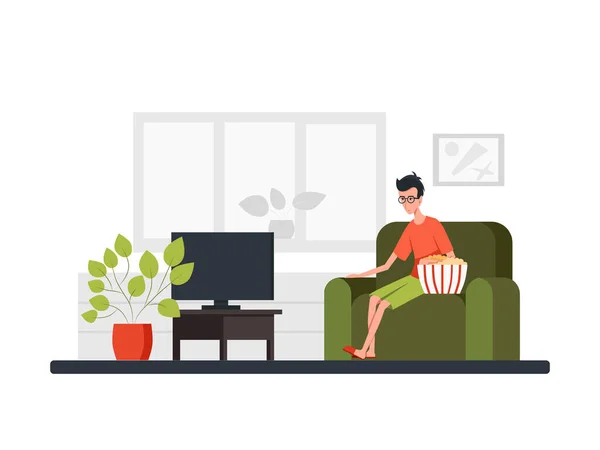 L'uomo si siede su un divano, mangia e guarda la TV. Illustrazione vettoriale a colori . — Vettoriale Stock