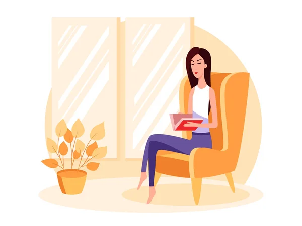 Frau sitzt auf einem Stuhl und liest ein Buch. — Stockvektor