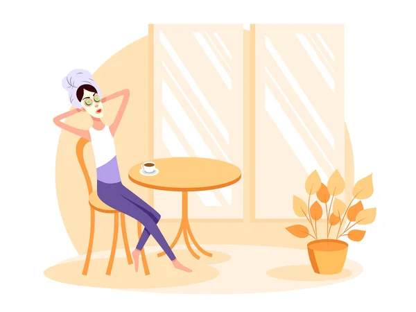 Donna seduta con un asciugamano in testa e con la maschera sul viso e beve caffè . — Vettoriale Stock