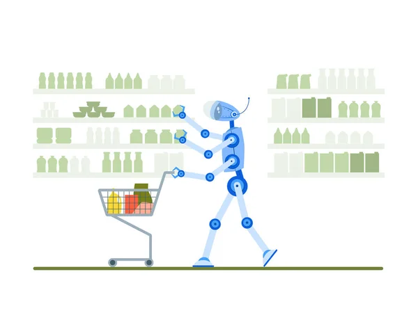 Robot va a fare shopping al supermercato. Illustrazione vettoriale a colori — Vettoriale Stock