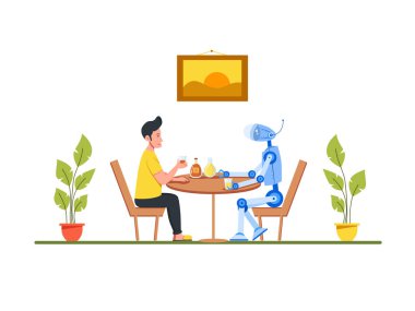 Yemek masasında oturan adam. Tatmin olmuş robot bir tepsi yiyecek ve içecek taşıyor..
