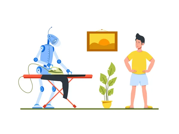 Bekleyen adam. Robot giysileri ütülüyor. Renkli çizgi film illüstrasyonu