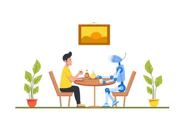 Seorang pria duduk di meja makan. Robot yang puas membawa nampan makanan dan minuman. - Stok Vektor