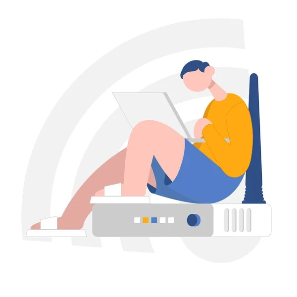 Ανεξάρτητος προγραμματιστής που κοιτάζει το laptop και κάθεται στο router. — Διανυσματικό Αρχείο