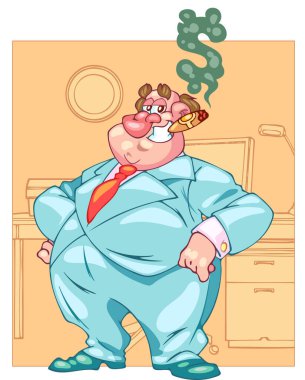 Patron işadamı gülüyor ve puro içiyor. Renk vektörü illüstrasyonu