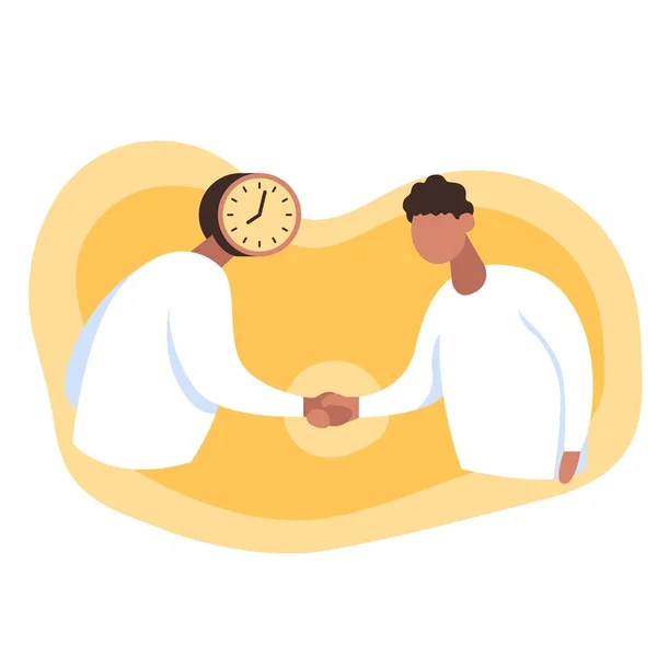 Desarrollador independiente estrechando la mano al gestor de tiempo. Ilustración del vector de color — Vector de stock