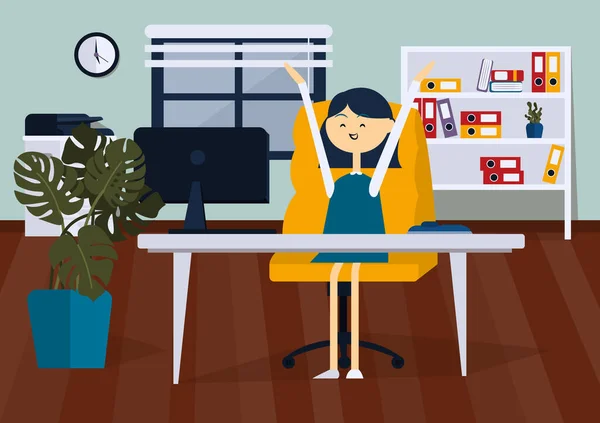 Mulher de negócios alegre sentada na sala de escritório. Ilustração vetorial de cores — Vetor de Stock