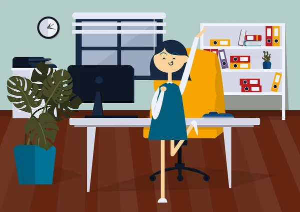 Mulher de negócios alegre pulando na sala de escritório. Ilustração vetorial de cores — Vetor de Stock