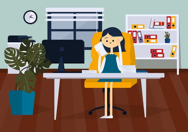 Femme d'affaires au bureau lisant des documents papier. Illustration vectorielle couleur — Image vectorielle