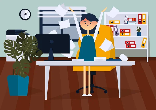 Femme d'affaires en colère dans le bureau jette des documents papier. Illustration vectorielle couleur — Image vectorielle