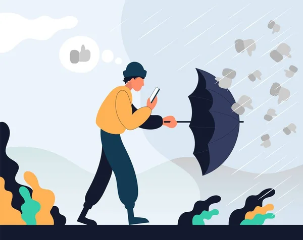 Le type tient le téléphone dans ses mains et se cache derrière un parapluie contre les aversions. Icône de dessin animé . — Image vectorielle