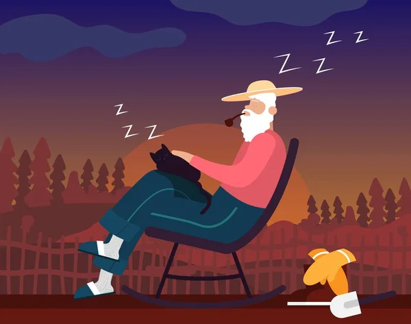 Farmer siedzi na bujanym krześle paląc fajkę i głaskając kota. Ilustracja koloru. — Wektor stockowy