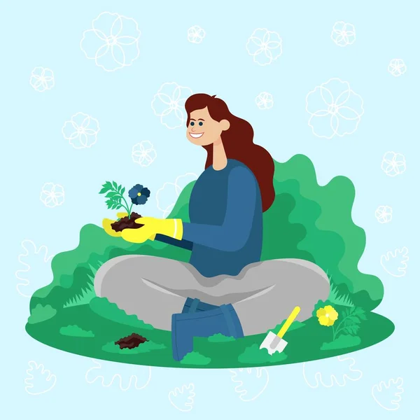 Gardener sits in the garden and plants flowers. Color illustration. — Stock Vector