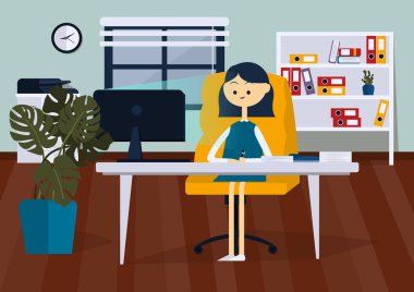 Ofisteki iş kadını görüntüleme monitörü. Renk vektörü illüstrasyonu