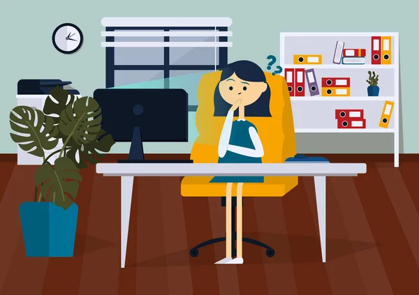 Femme d'affaires dans le bureau regardant moniteur. Illustration vectorielle couleur — Image vectorielle