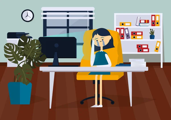 Mulher de negócios perturbada sentada na cadeira do escritório. Ilustração vetorial de cores — Vetor de Stock