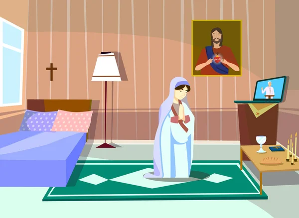 Ta žena se modlí. Kazatel se vyzpovídá online. Plochá kreslená vektorová barva i — Stockový vektor